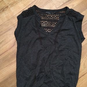 Short sleeved prana knit top with lacy insert